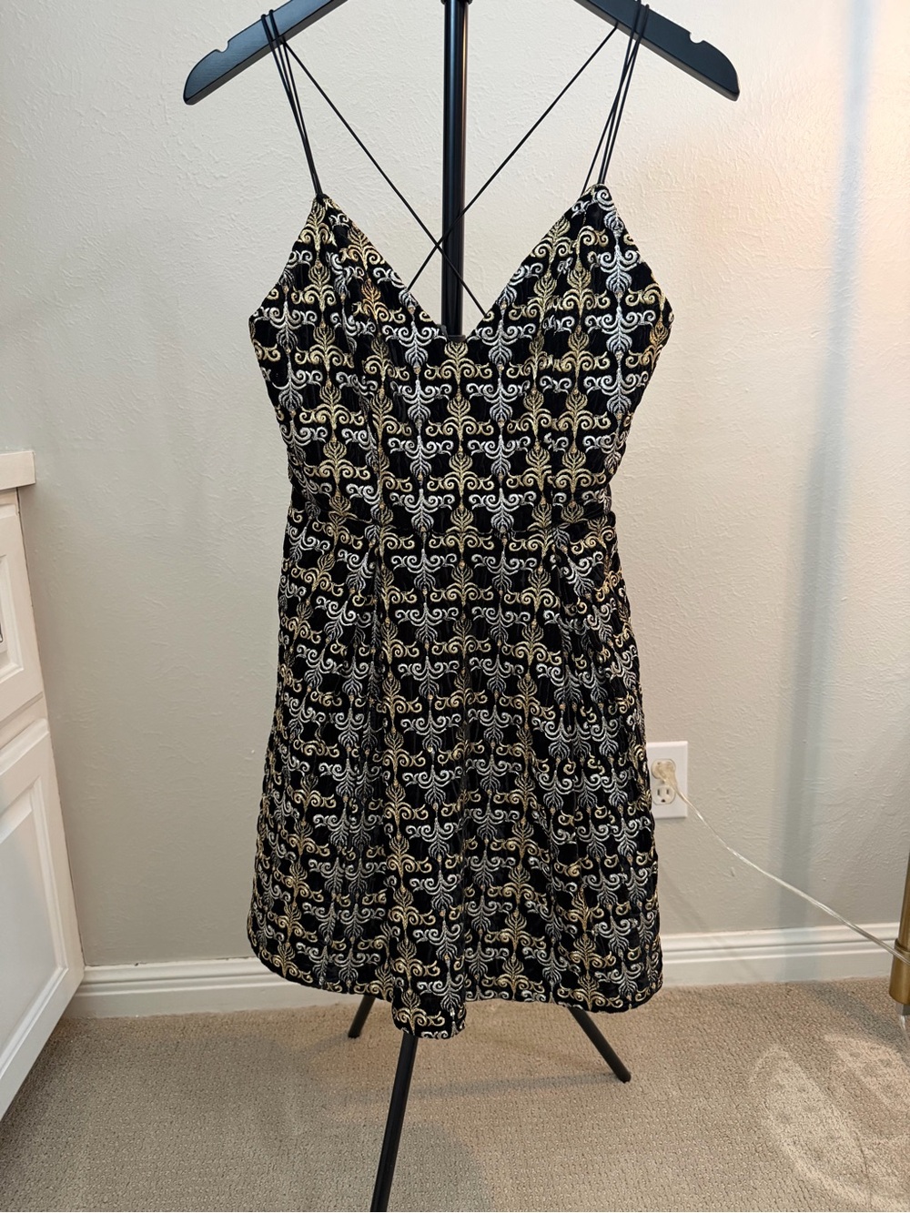 Alice and Olivia Black and Gold Spaghetti Strap Dress